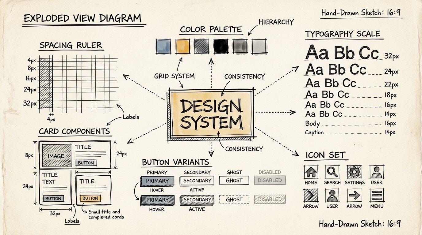 Design System exploded view — every element connected