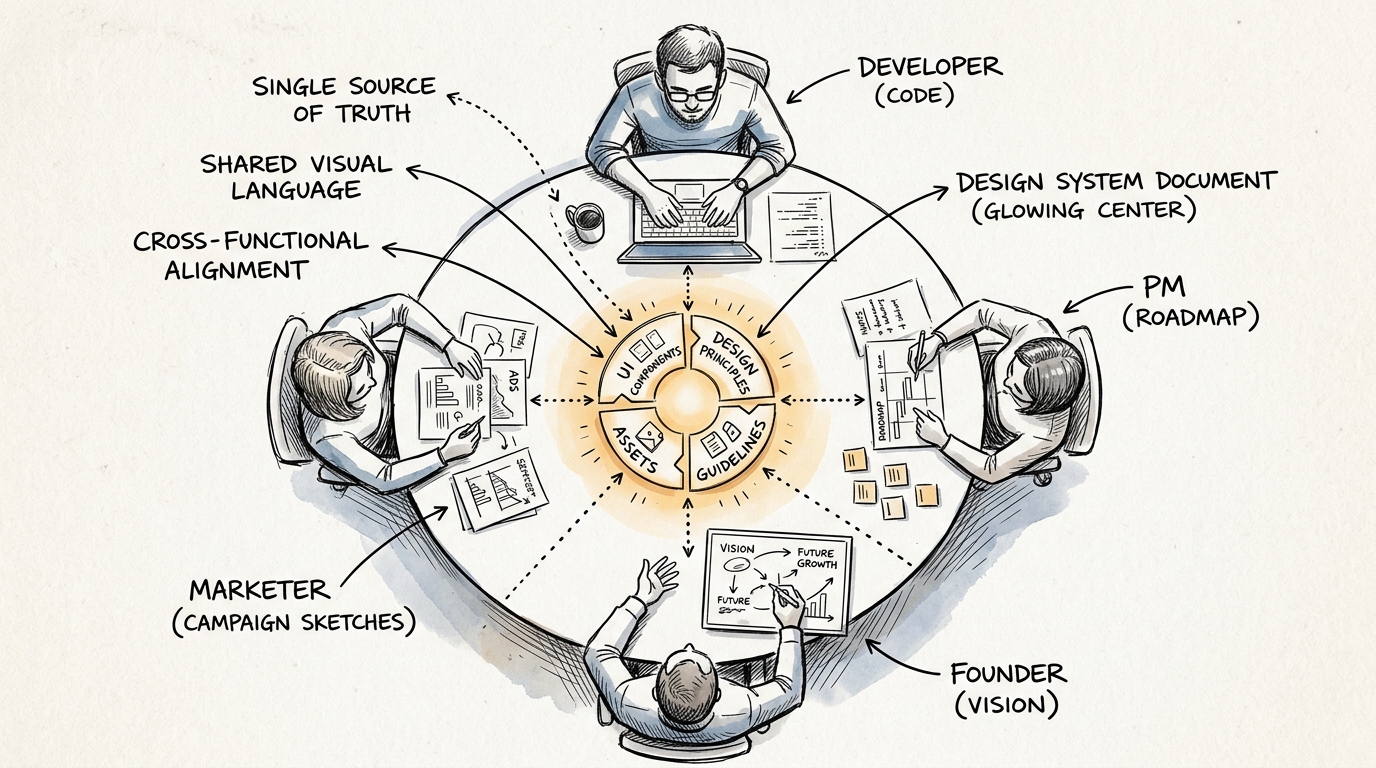 The entire product team sharing a design system — Developer, PM, Founder, Marketer